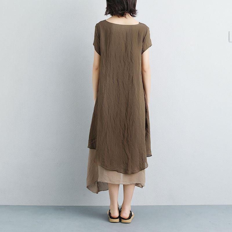 boutique summer maxi dress plus size False Two-piece Short Sleeve Coffee Plain Dress - Omychic