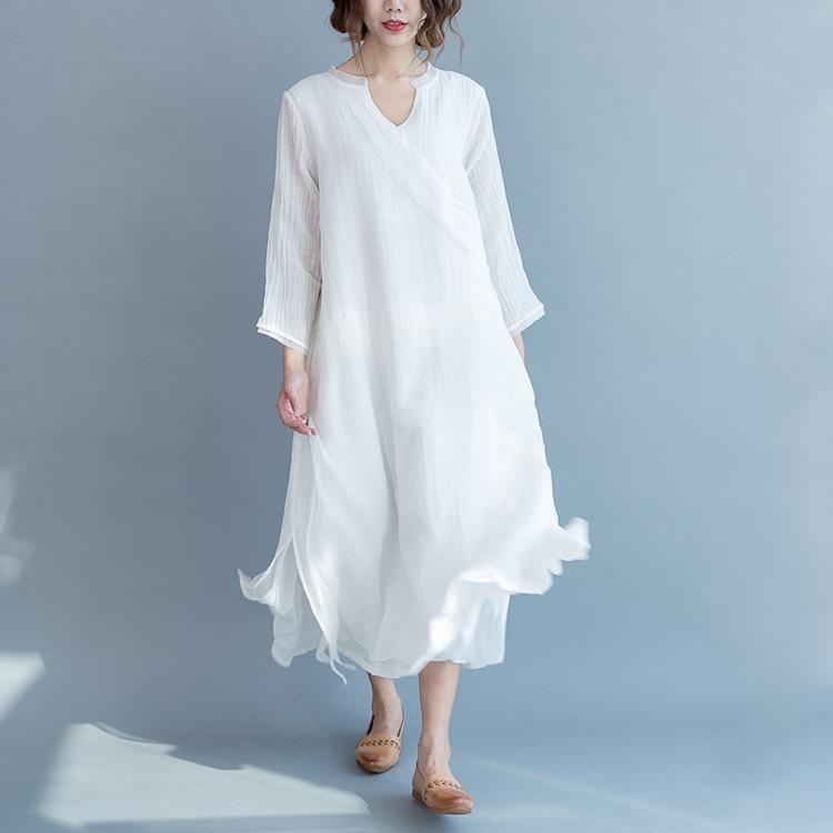 boutique white cotton linen dress trendy plus size Stand tie waist traveling dress Three Quarter sleeve patchwork maxi dresses - Omychic