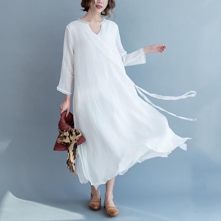 boutique white cotton linen dress trendy plus size Stand tie waist traveling dress Three Quarter sleeve patchwork maxi dresses - Omychic
