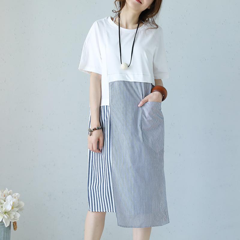 boutique white striped cotton maxi dress casual O neck short sleeve traveling dress Fine patchwork pockets cotton caftans - Omychic