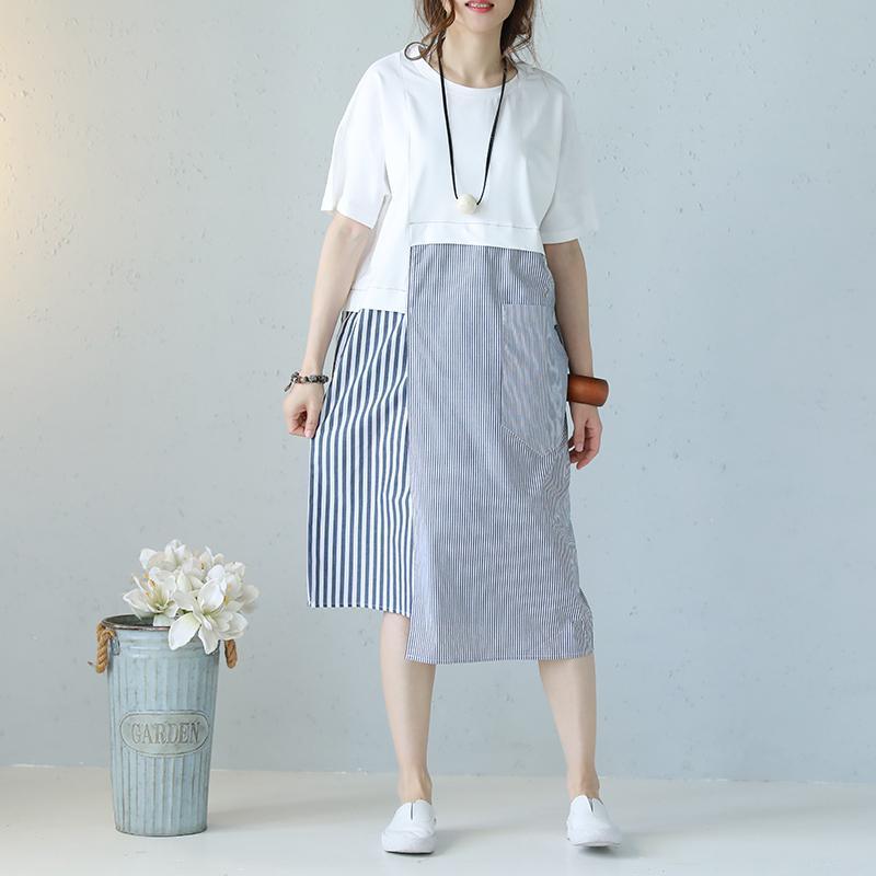 boutique white striped cotton maxi dress casual O neck short sleeve traveling dress Fine patchwork pockets cotton caftans - Omychic