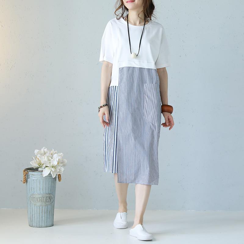 boutique white striped cotton maxi dress casual O neck short sleeve traveling dress Fine patchwork pockets cotton caftans - Omychic