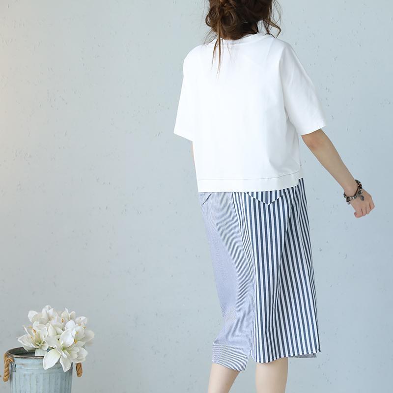 boutique white striped cotton maxi dress casual O neck short sleeve traveling dress Fine patchwork pockets cotton caftans - Omychic