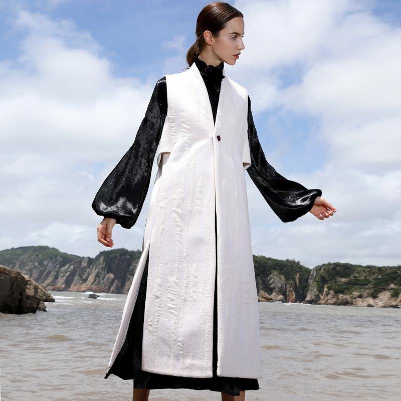 boutique white wool overcoat oversize long V neck embroider Sleeveless long coat - Omychic