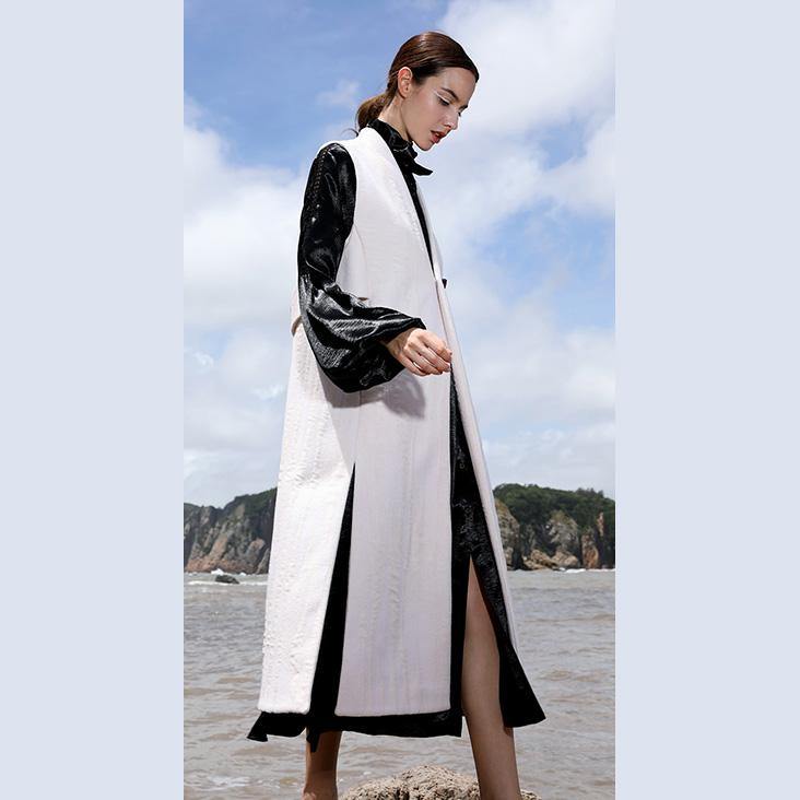 boutique white wool overcoat oversize long V neck embroider Sleeveless long coat - Omychic
