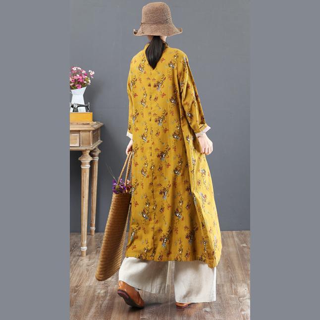 boutique yellow prints long cotton dresses oversized stand collar cotton clothing dress Elegant Chinese Button gown - Omychic