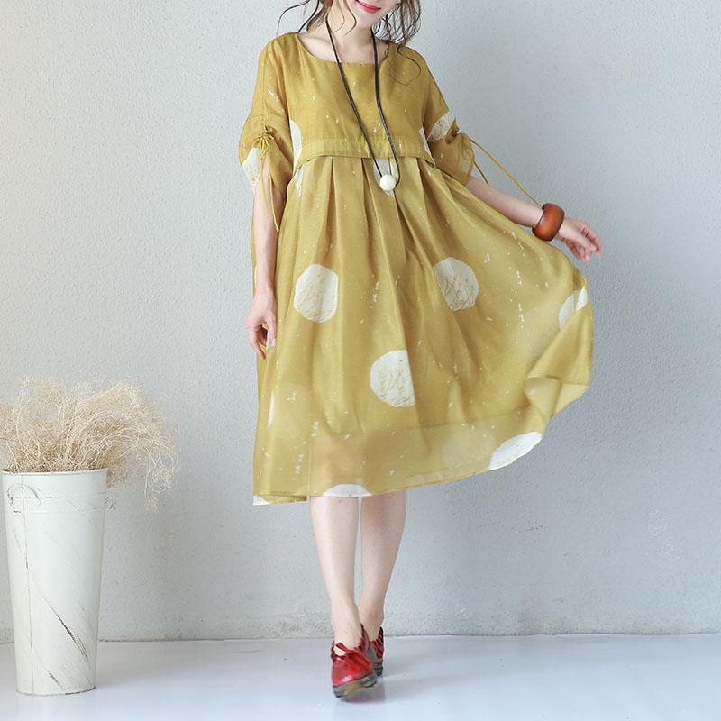 boutique yellow summer dress o neck drawstring short sleeve long dress dotted summer dress - Omychic