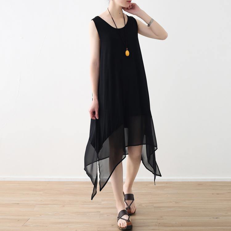 boutique black chiffon dresses plus size asymmetric chiffon maxi dress New sleeveless dresses - Omychic