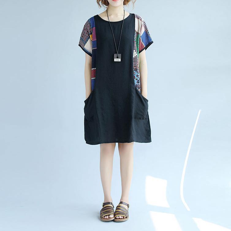 boutique black cotton shift dress trendy plus size casual dress casual big pockets patchwork knee dresses - Omychic