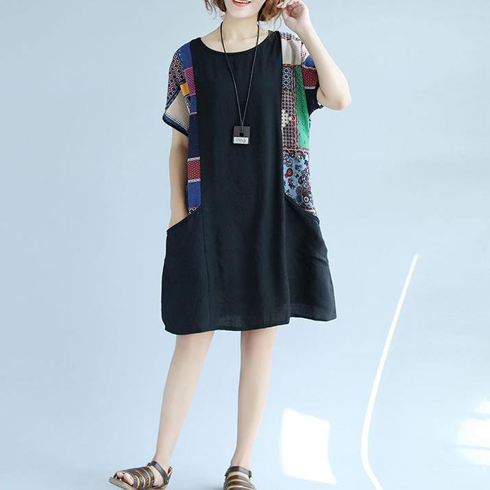boutique black cotton shift dress trendy plus size casual dress casual big pockets patchwork knee dresses - Omychic