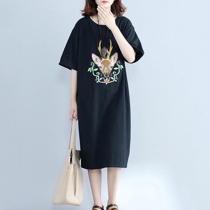 boutique black cotton shift dresses oversized shirt dress 2018 short sleeve prints cotton dress - Omychic