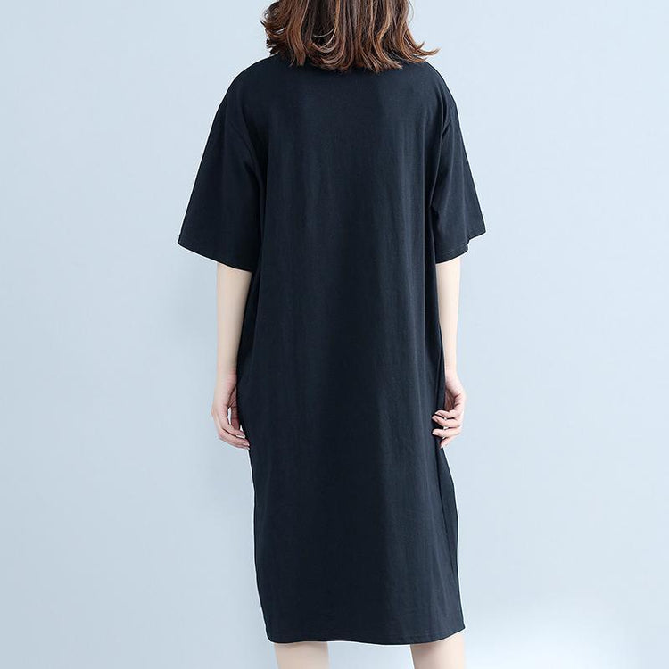 boutique black cotton shift dresses oversized shirt dress 2018 short sleeve prints cotton dress - Omychic