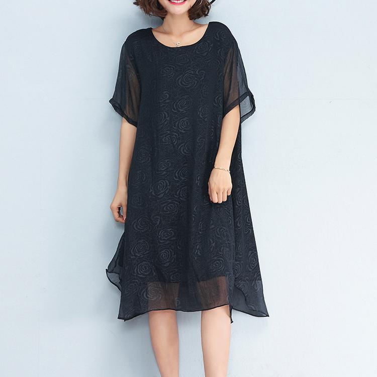 boutique black floral natural chiffon dress  trendy plus size shirt dress Fine o neck short sleeve knee dresses - Omychic
