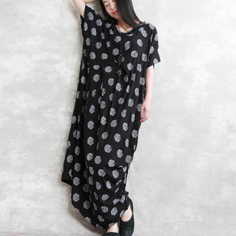 Boutique Black Linen Dress Loose Fitting Dotted Linen Maxi Dress 2021 Asymmetric Linen Caftans - Omychic