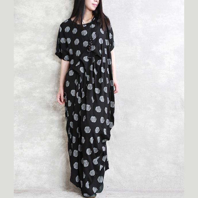 Boutique Black Linen Dress Loose Fitting Dotted Linen Maxi Dress 2021 Asymmetric Linen Caftans - Omychic