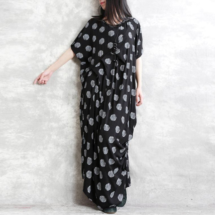 Boutique Black Linen Dress Loose Fitting Dotted Linen Maxi Dress 2021 Asymmetric Linen Caftans - Omychic