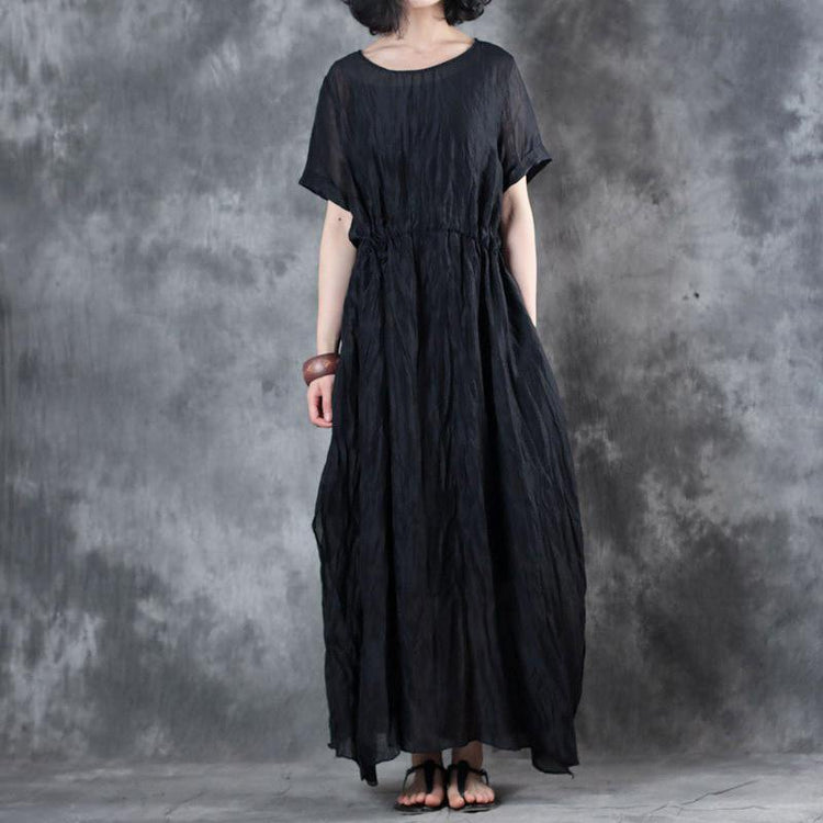 boutique black long linen dresses oversize side open linen clothing dresses New short sleeve maxi dresses - Omychic