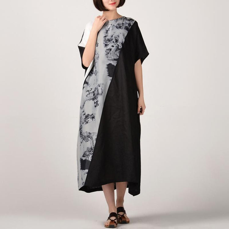 boutique black natural linen dress  plus size patchwork linen clothing dresses casual batwing sleeve kaftans - Omychic
