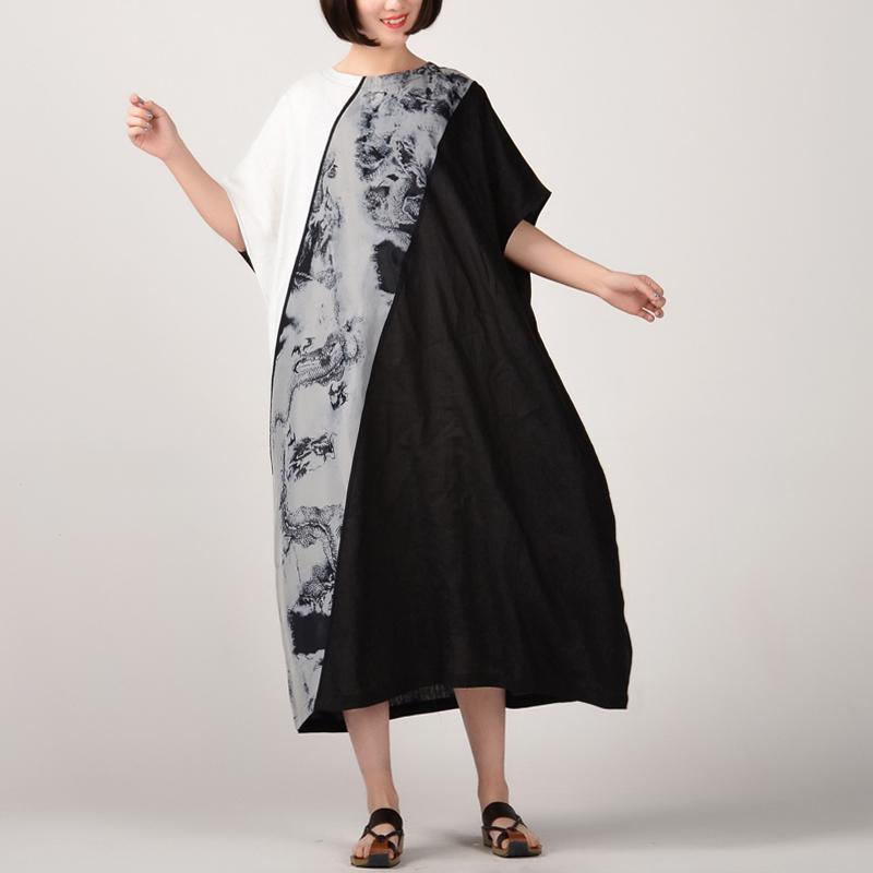 boutique black natural linen dress  plus size patchwork linen clothing dresses casual batwing sleeve kaftans - Omychic