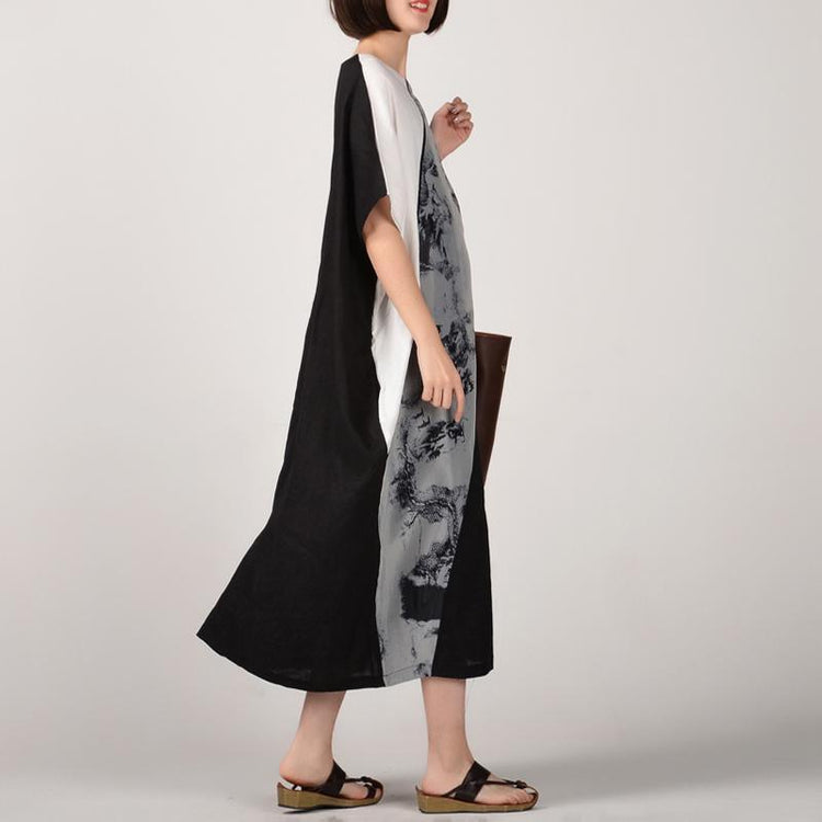 boutique black natural linen dress  plus size patchwork linen clothing dresses casual batwing sleeve kaftans - Omychic