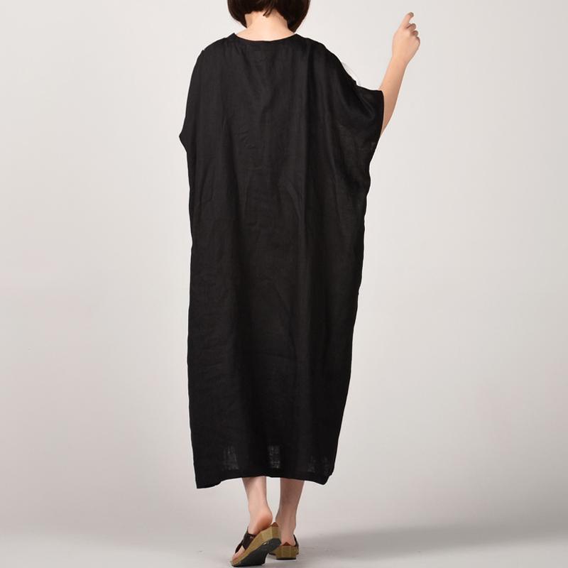 boutique black natural linen dress  plus size patchwork linen clothing dresses casual batwing sleeve kaftans - Omychic