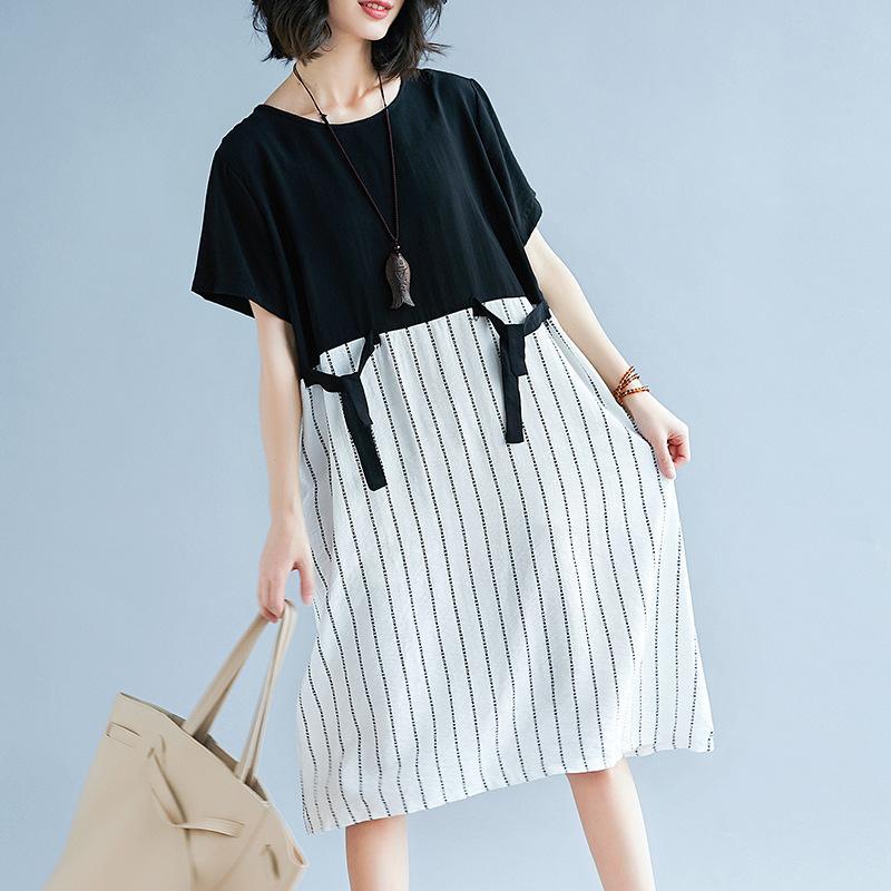 boutique black patchwork white cotton maxi dress trendy plus size striped  maxi dress Elegant short sleeve gown - Omychic