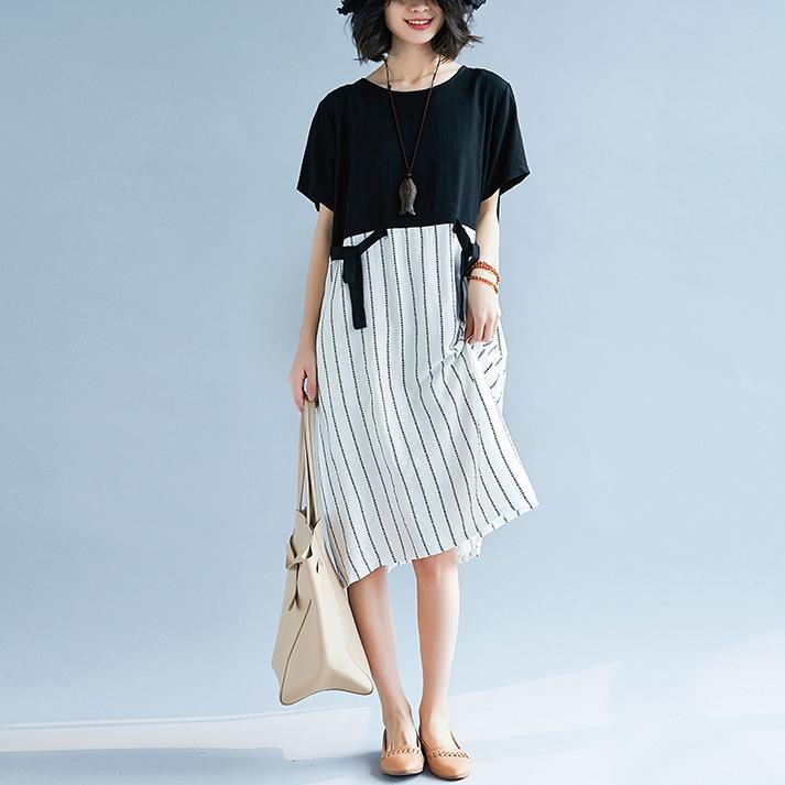 boutique black patchwork white cotton maxi dress trendy plus size striped  maxi dress Elegant short sleeve gown - Omychic