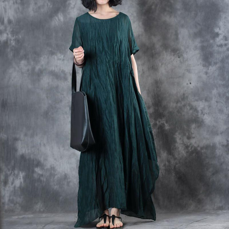 boutique blackish green linen maxi dress plus size clothing side open silk gown 2018 short sleeve caftans - Omychic