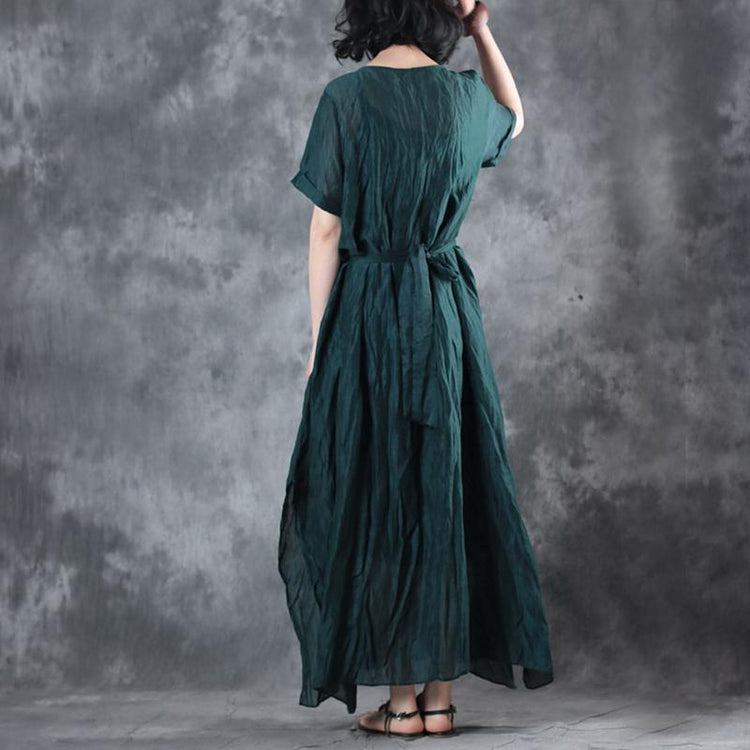 boutique blackish green linen maxi dress plus size clothing side open silk gown 2018 short sleeve caftans - Omychic