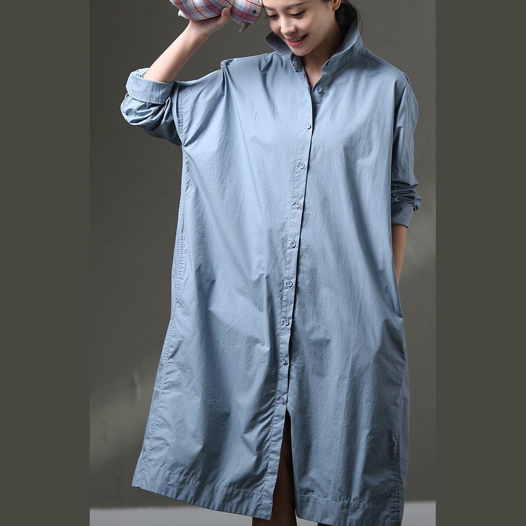 Boutique Blue Cotton Dress Plus Size Clothing Shirt Dress Big Pockets Long Sleeve Cotton Dresses - Omychic