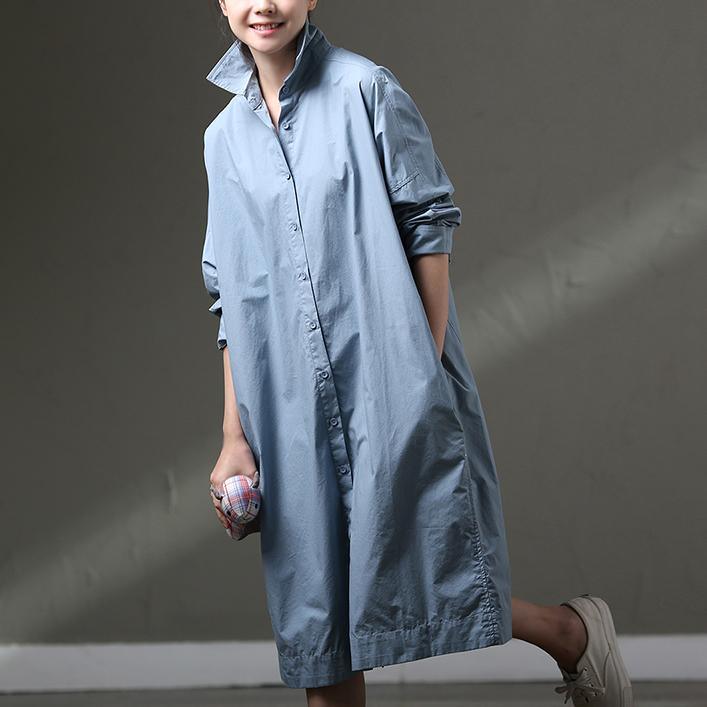 Boutique Blue Cotton Dress Plus Size Clothing Shirt Dress Big Pockets Long Sleeve Cotton Dresses - Omychic