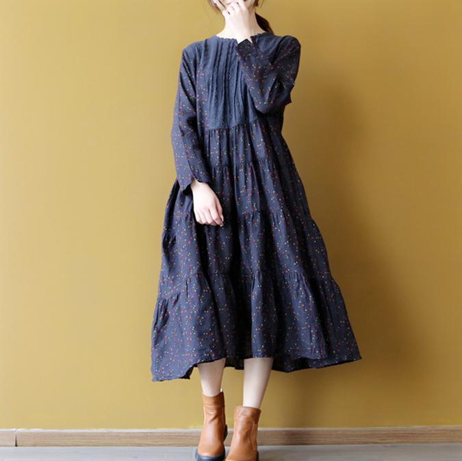 boutique blue linen dress casual floral cotton dress New patchwork linen dress - Omychic