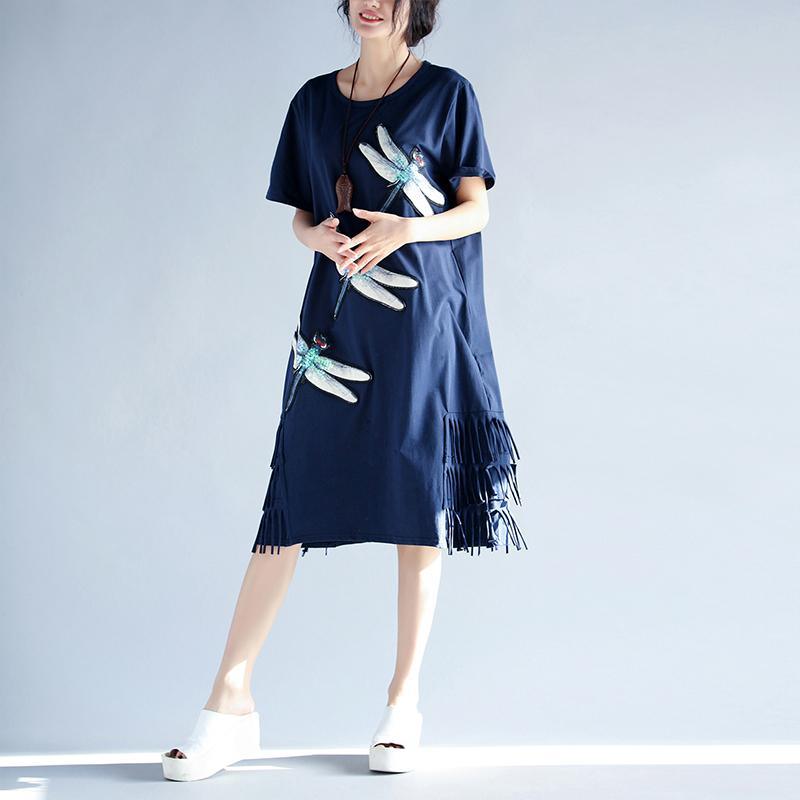 boutique blue linen dress plus size clothing holiday dresses women tassel appliques  cotton dresses - Omychic