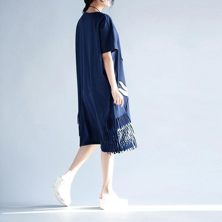 boutique blue linen dress plus size clothing holiday dresses women tassel appliques  cotton dresses - Omychic