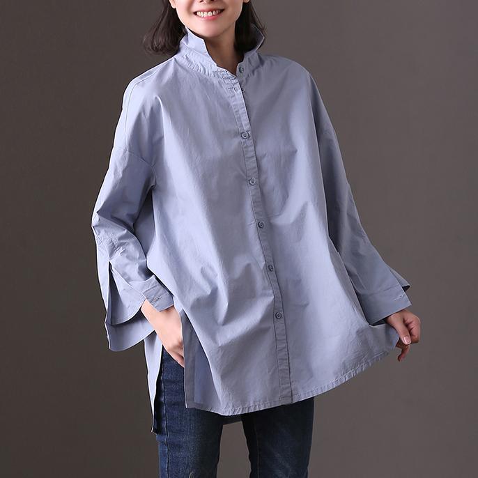 Boutique blue pure cotton shirt oversize casual blouse New side open asymmetric pockets cotton top - Omychic