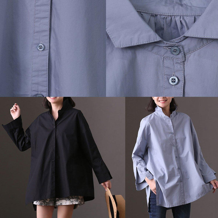 Boutique blue pure cotton shirt oversize casual blouse New side open asymmetric pockets cotton top - Omychic