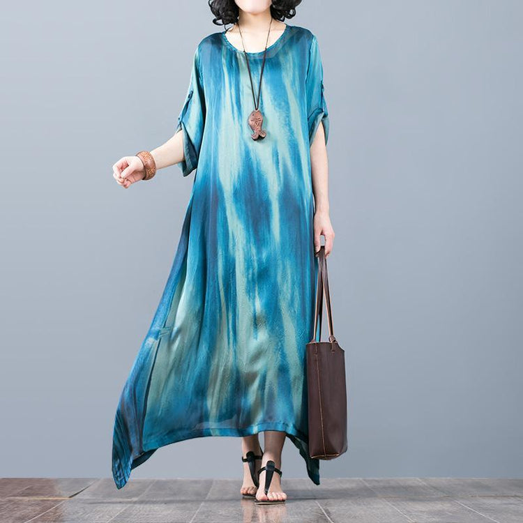 boutique blue  silk maxi dress trendy plus size asymmetric silk clothing dresses Fine o neck maxi dresses - Omychic