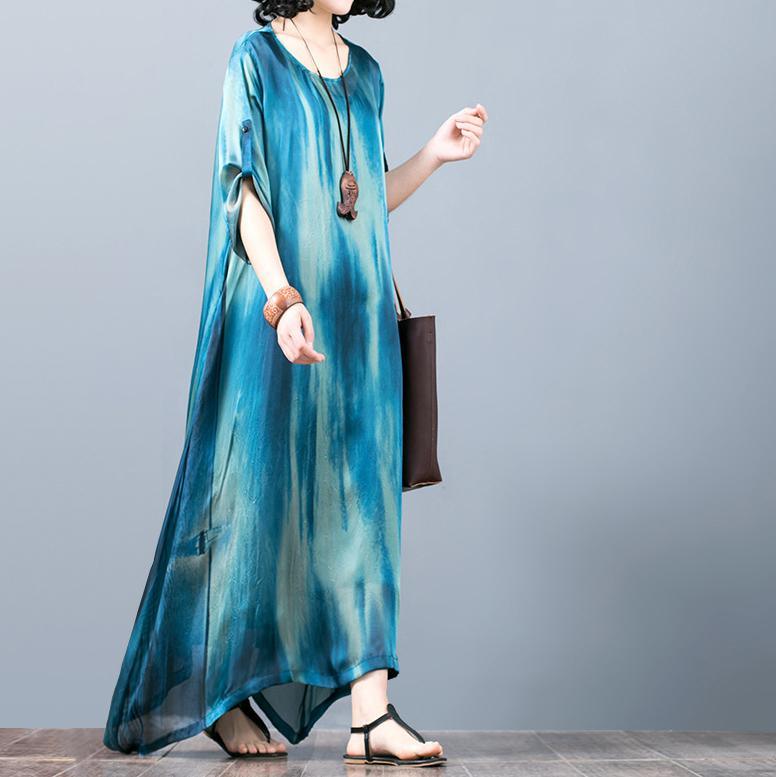 boutique blue  silk maxi dress trendy plus size asymmetric silk clothing dresses Fine o neck maxi dresses - Omychic