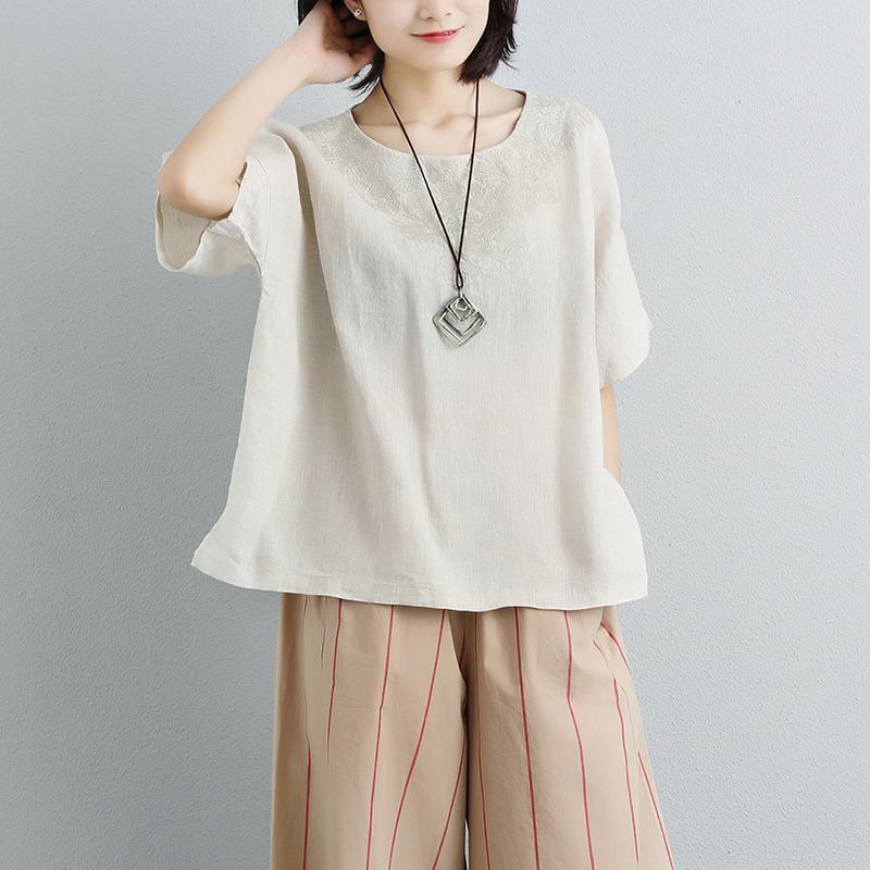 boutique cotton blouses Loose fitting Embroidery Round Neck Short Sleeve Beige Tops - Omychic