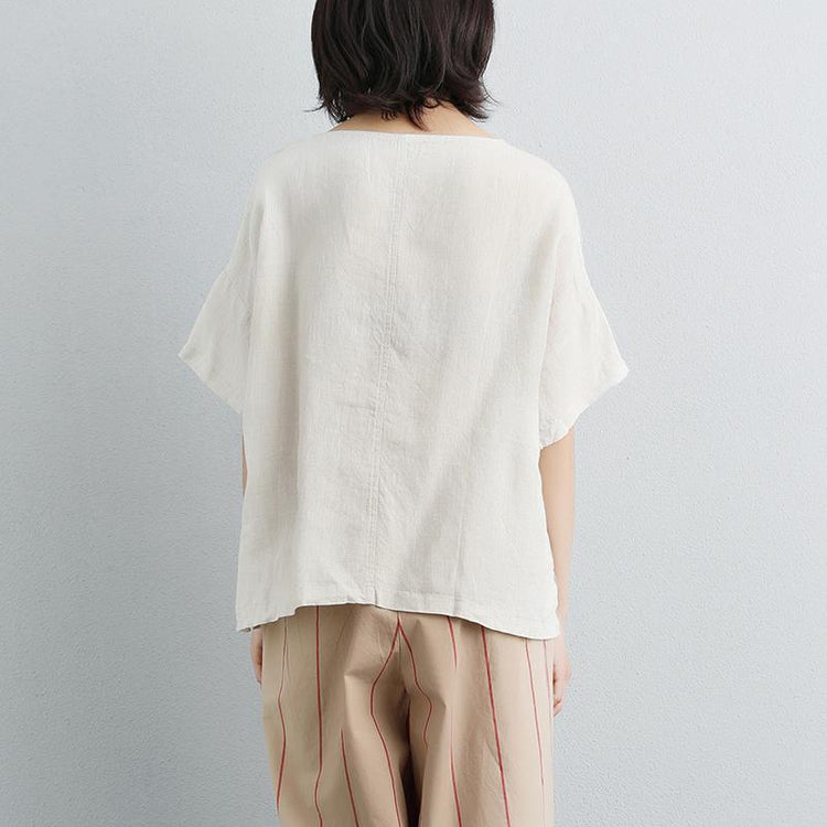 boutique cotton blouses Loose fitting Embroidery Round Neck Short Sleeve Beige Tops - Omychic