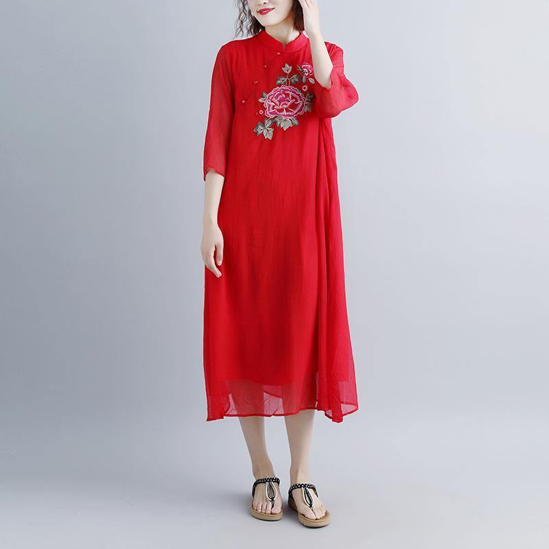 boutique cotton dresses trendy plus size Summer Fake Two-piece Pockets Retro Red Dress - Omychic