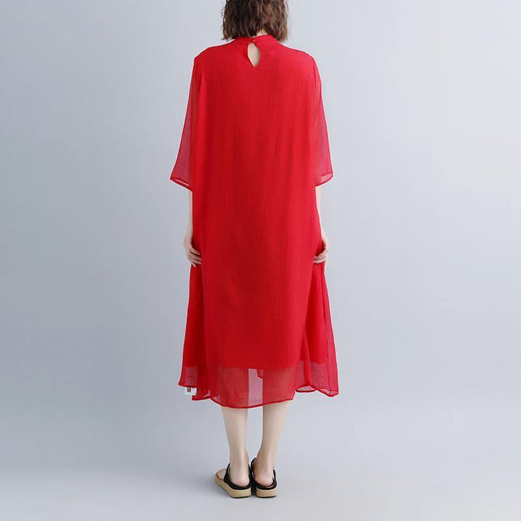 boutique cotton dresses trendy plus size Summer Fake Two-piece Pockets Retro Red Dress - Omychic