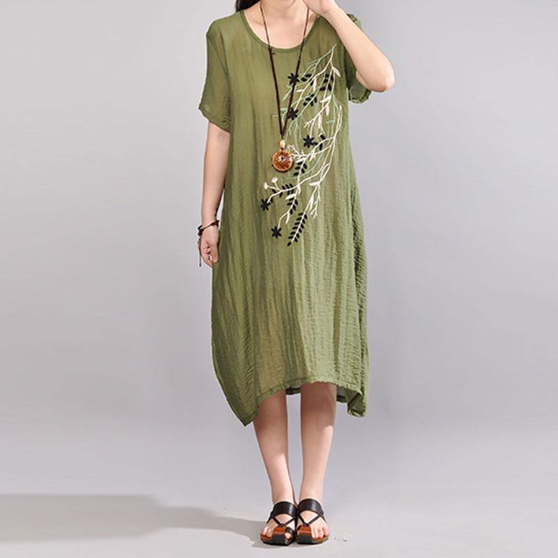 boutique cotton sundress plus size Embroidery Summer Casual Short Sleeve Green Dress - Omychic