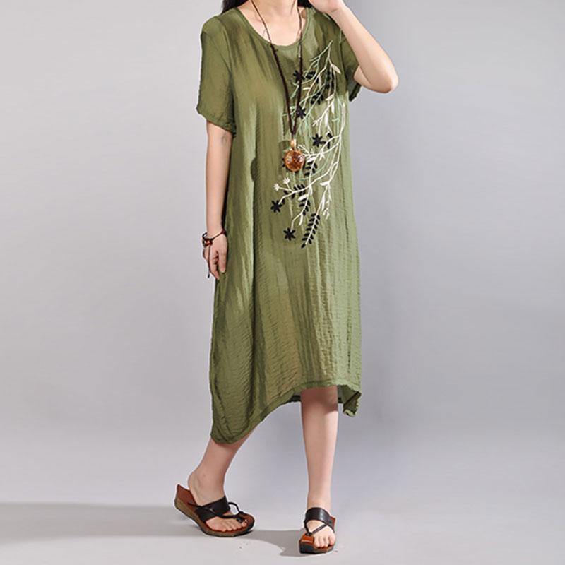 boutique cotton sundress plus size Embroidery Summer Casual Short Sleeve Green Dress - Omychic