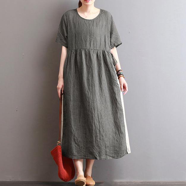 boutique dark gray striped long linen dresses casual patchwork linen maxi dress Elegant caftans - Omychic