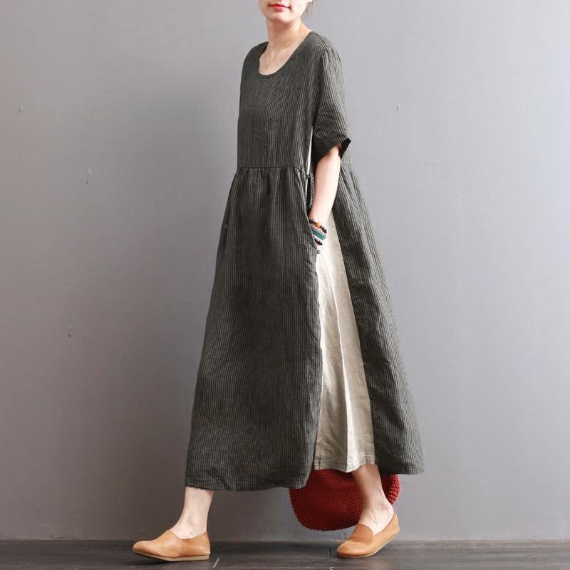 boutique dark gray striped long linen dresses casual patchwork linen maxi dress Elegant caftans - Omychic