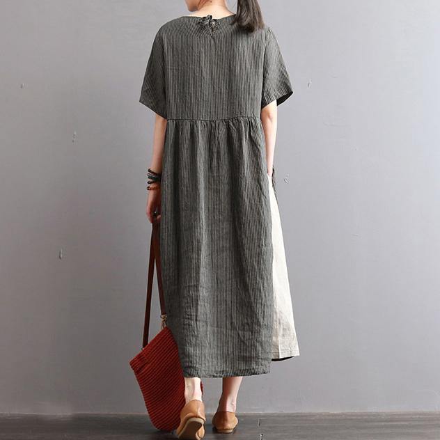 boutique dark gray striped long linen dresses casual patchwork linen maxi dress Elegant caftans - Omychic