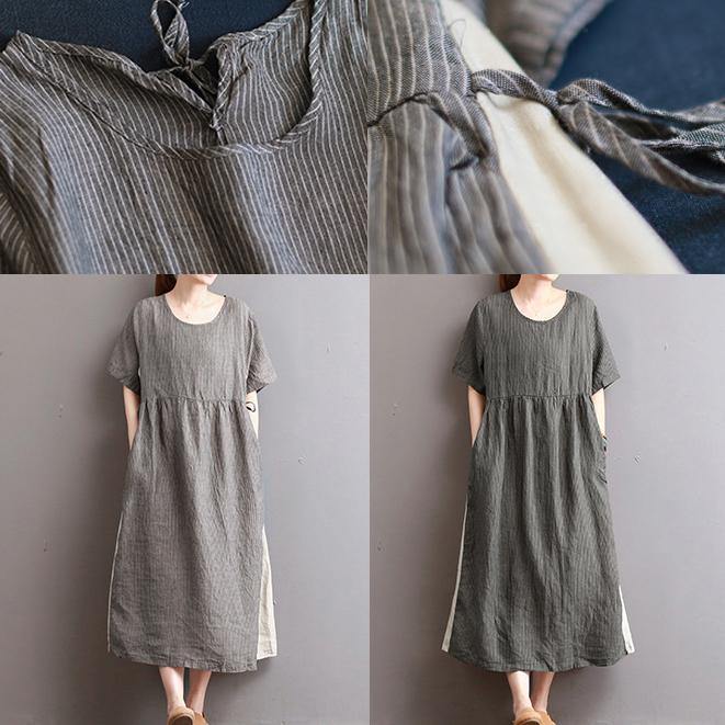 boutique dark gray striped long linen dresses casual patchwork linen maxi dress Elegant caftans - Omychic