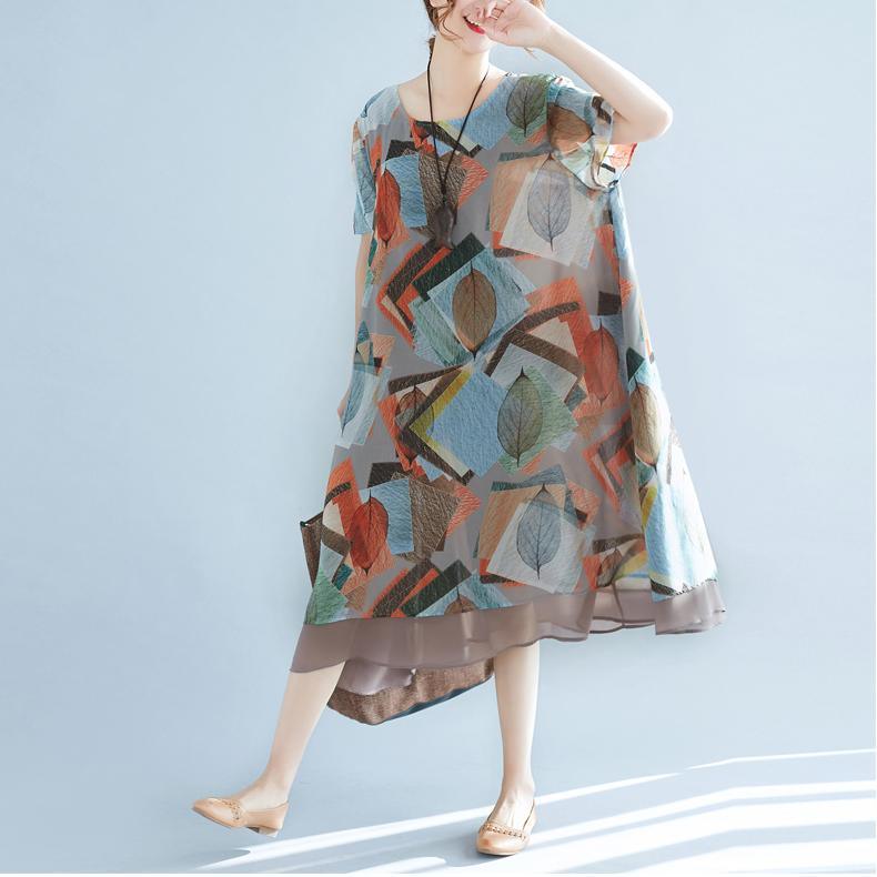 boutique floral chiffon dresses trendy plus size shirt dress2018o neck big hem knee dresses - Omychic