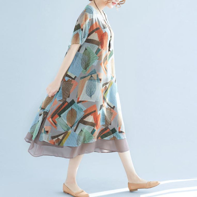 boutique floral chiffon dresses trendy plus size shirt dress2018o neck big hem knee dresses - Omychic